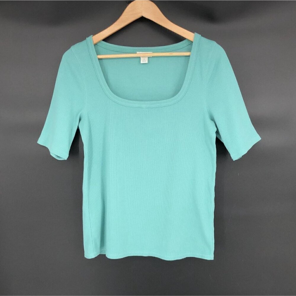Sundance Womens Ribbed Short Sleeve Top Size M Teal Green Square Scoop Neck